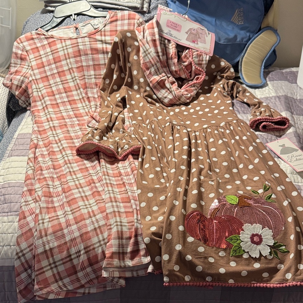 Rare Editions Brown Polka Dot and Lavender Stripe Dress Set